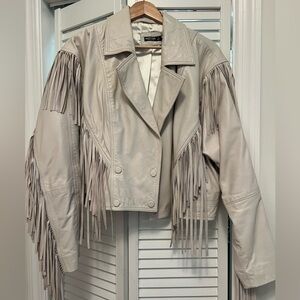 Nasty Gal Fringed Real Leather Jacket Light Grey
